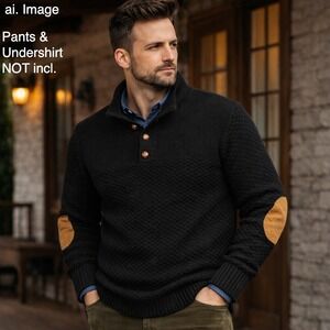 RetroOTD Men Lg. 100% Wool Henley Sweater Elbow Patches Black‎ Heritage Knit